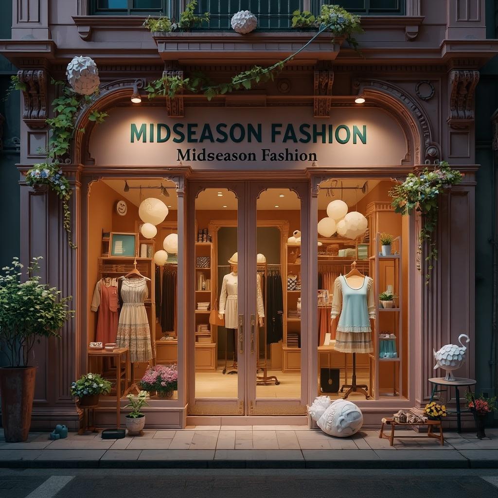 Concept render of a MIDSEASON shopfront at dusk