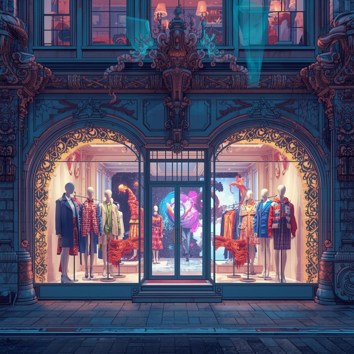 Illustrated shopfront at night, arched windows dressed with MIDSEASON outerwear