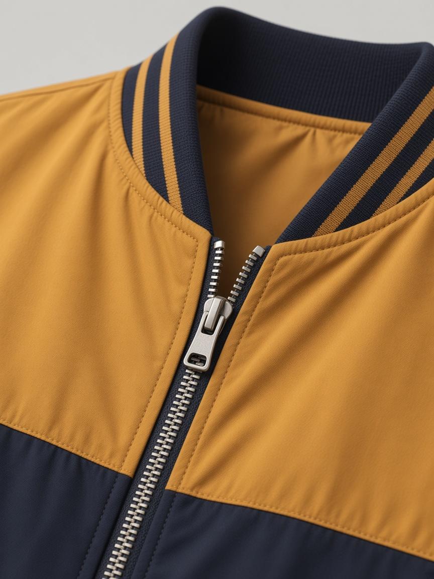 Mustard / Navy Colour-Block Bomber, close-up detail