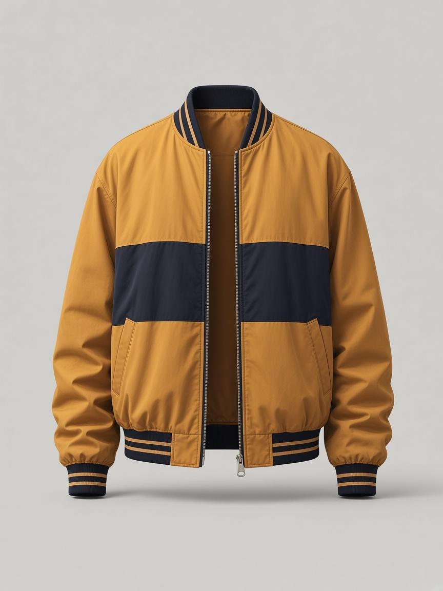 Mustard / Navy Colour-Block Bomber, front view