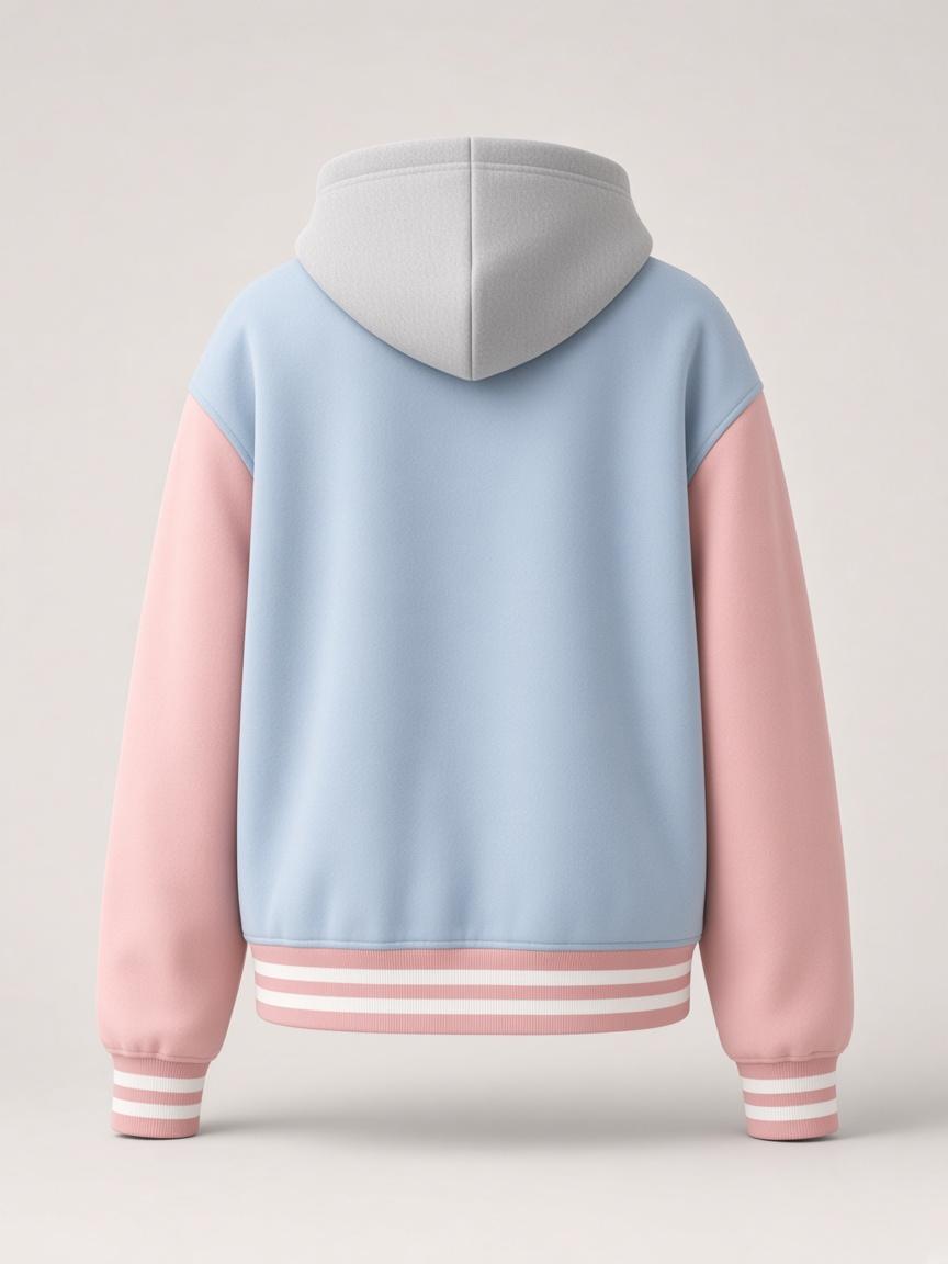 Powder / Blush Hooded Varsity Jacket, back view