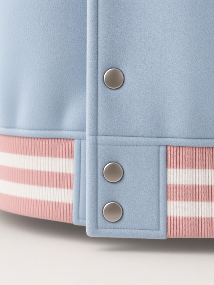 Powder / Blush Hooded Varsity Jacket, close-up detail