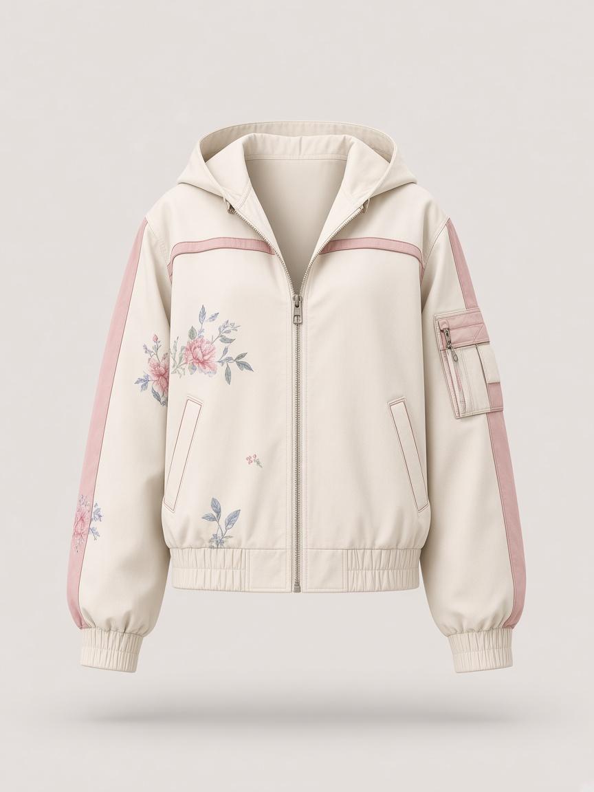 Ecru / Petal Embroidered Hooded Jacket, front view