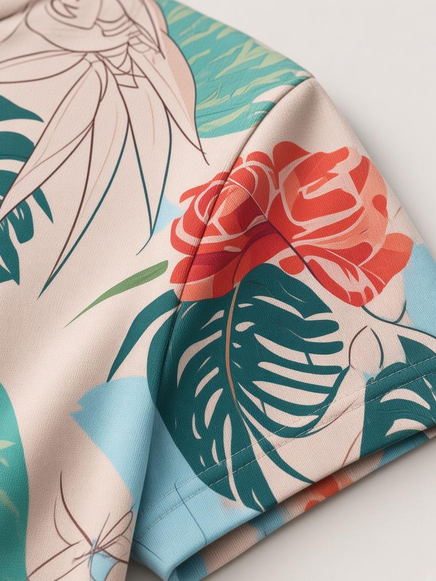 Lagoon Multi Monstera Print Tee, close-up detail