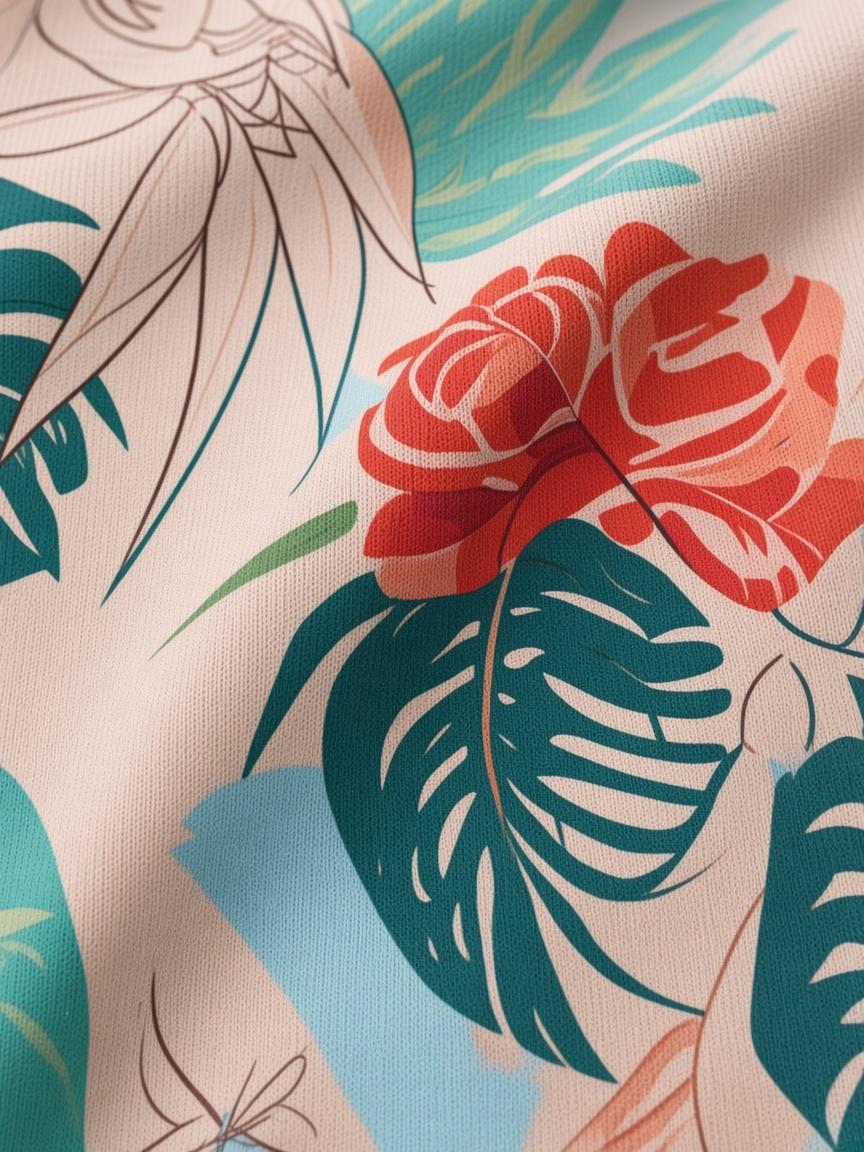 Lagoon Multi Monstera Print Tee, fabric close-up