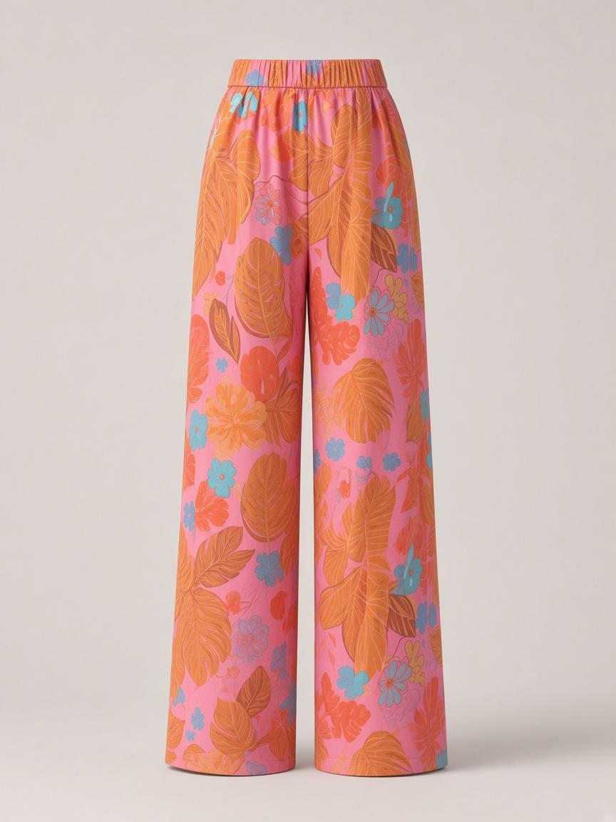 Coral Multi Leaf Print Wide Trouser, back view
