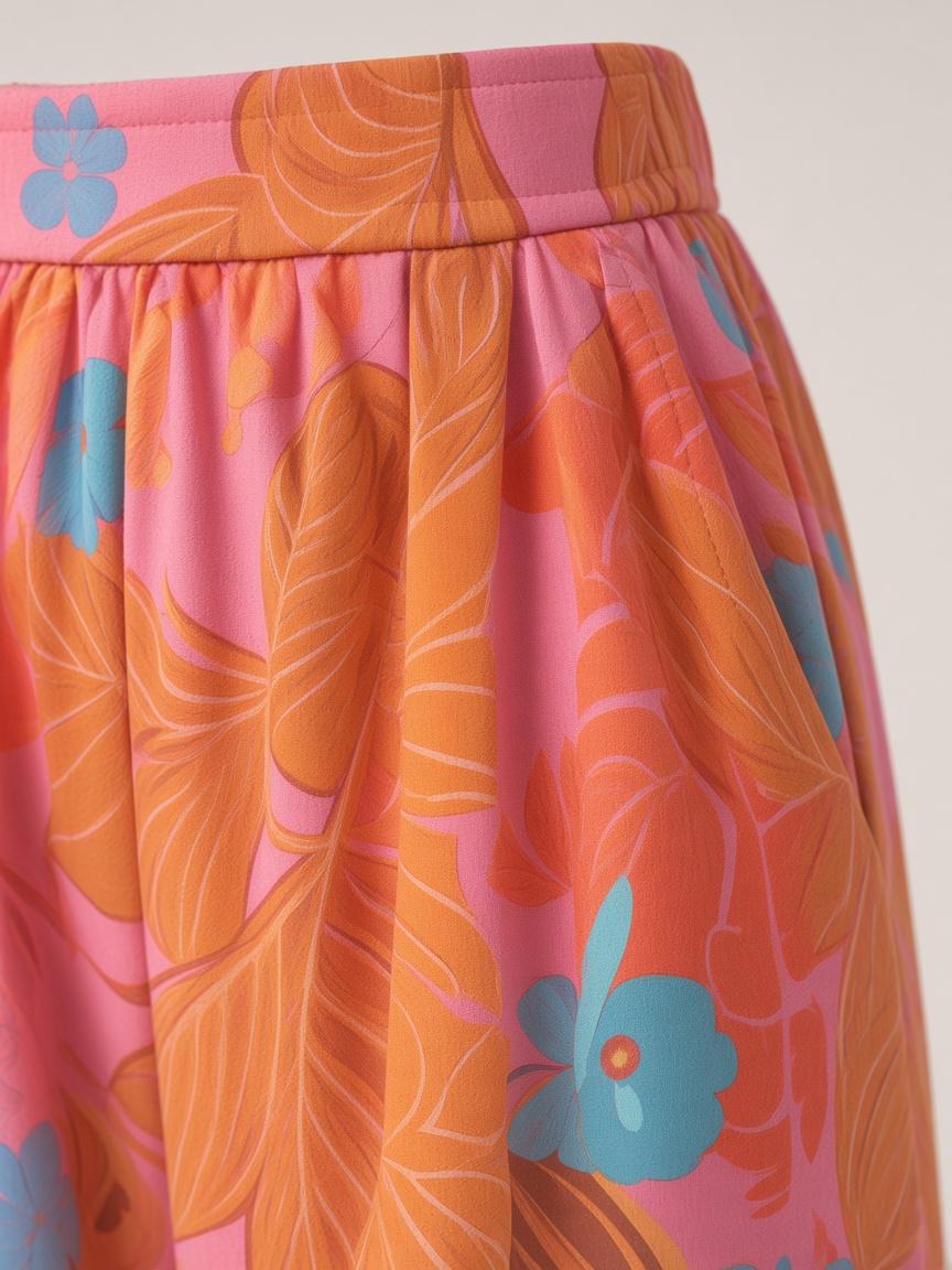 Coral Multi Leaf Print Wide Trouser, close-up detail