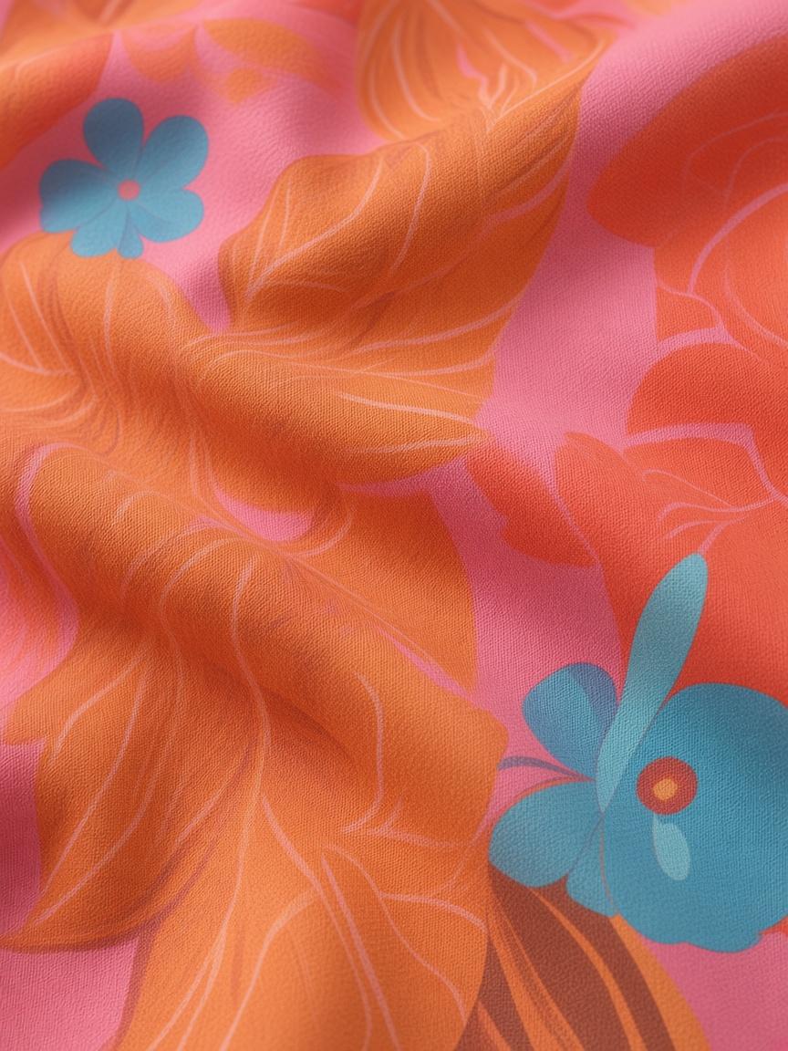 Coral Multi Leaf Print Wide Trouser, fabric close-up