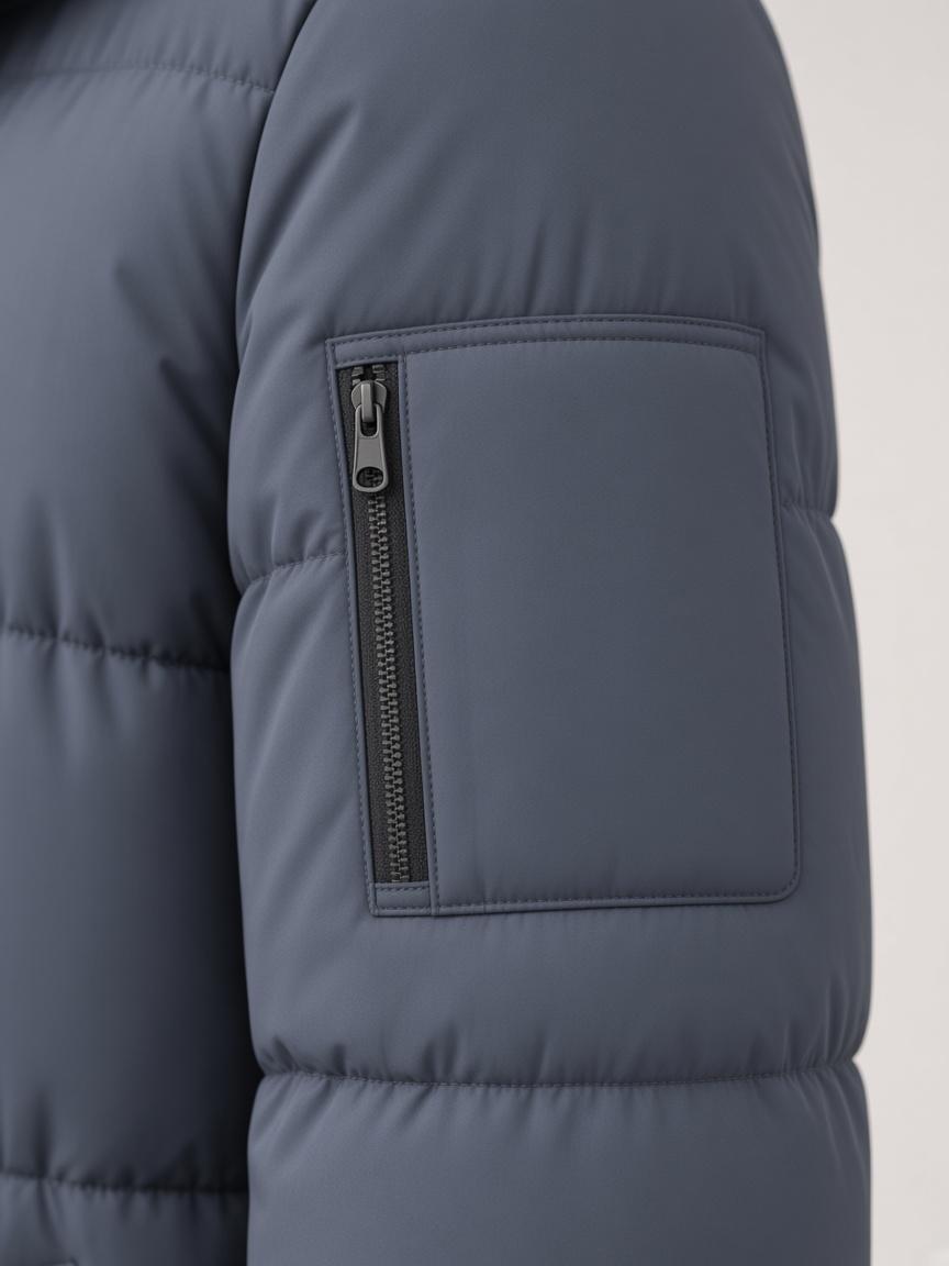 Slate Long Quilted Coat, close-up detail
