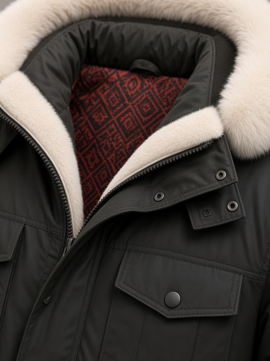 Black Olive Hooded Field Jacket, close-up detail