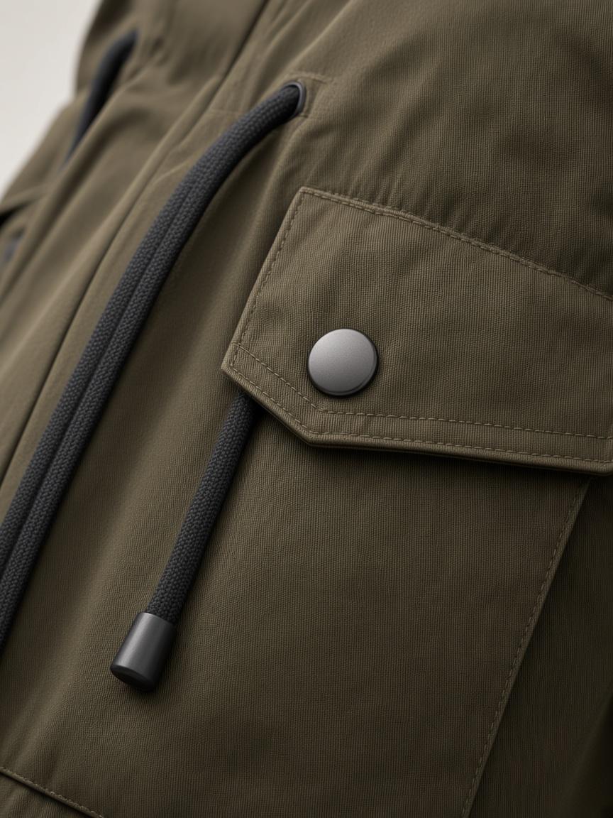 Umber Olive Utility Parka, close-up detail