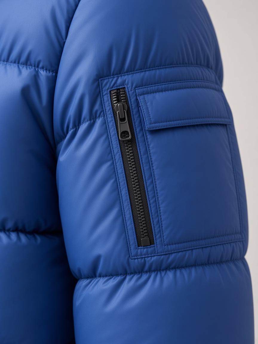 Cobalt Hooded Puffer, close-up detail