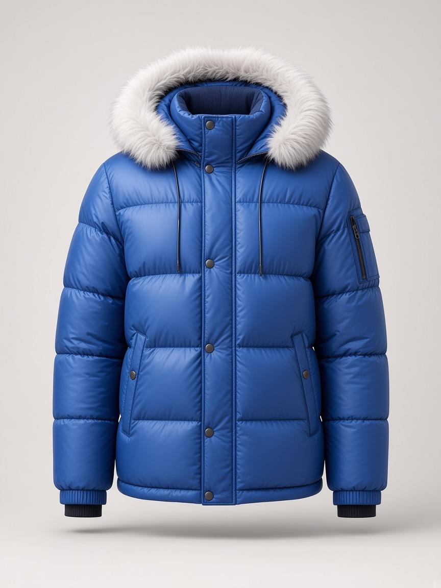 Cobalt Hooded Puffer, front view