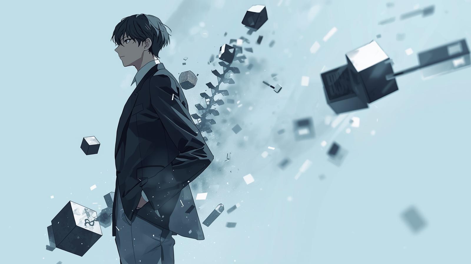 Campaign illustration: a figure in a dark suit jacket, hands in pockets, among floating cubes
