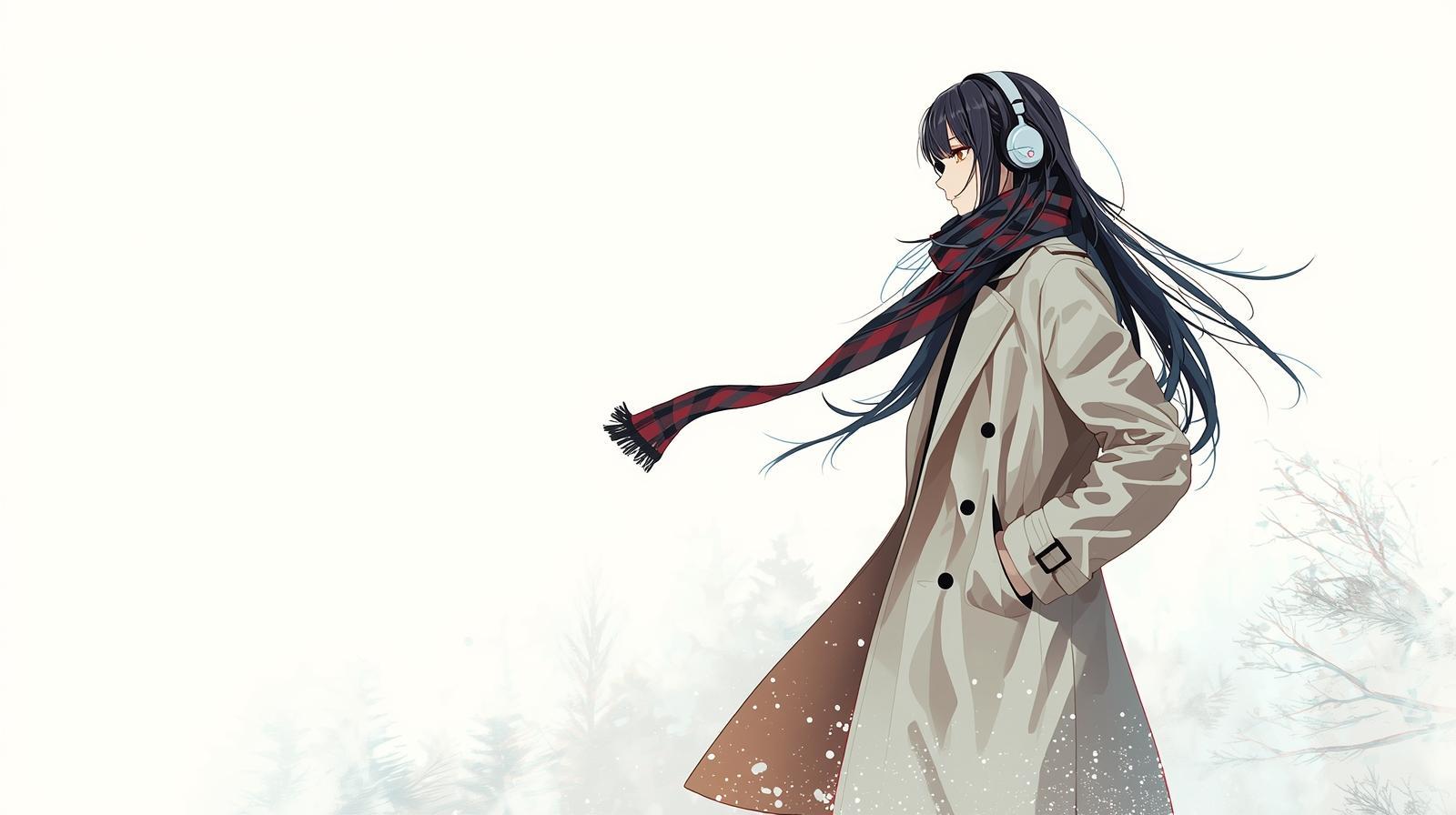 Winter campaign illustration: a figure in a long stone coat and red check scarf walking through snow